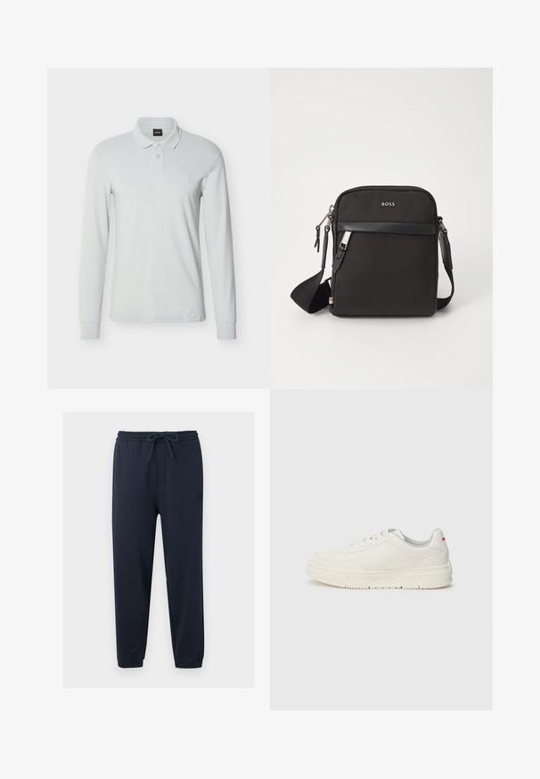 Polo de manga larga en gris claro, confeccionado en mezcla de algodón. Presenta un cuello clásico, una tapeta con tres botones y un discreto parche con logo en el pecho.; Pantalones jogger azul marino con cintura elástica, cordón ajustable, perneras estrechas y bajos con puños.; Zapatillas blancas con un upper de cuero liso, puntera redonda, cordones planos y una suela de goma texturizada. Un detalle rojo se encuentra en el talón.; Bolso bandolero negro con un tejido texturizado, logo en la parte frontal, cierre de cremallera y correa ajustable. Presenta un ribete de cuero suave.