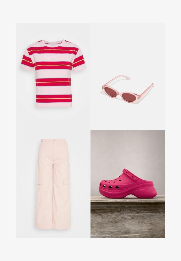 Camiseta rosa de manga corta con rayas horizontales en rojo, amarillo y azul. Presenta un logotipo blanco de firma en el frente.; Weekday SIENNA TROUSER - Pantalones cargo - pink dusty light; Zuecos de goma de color rosa brillante con agujeros de ventilación, una correa en la parte posterior y una suela curva para mayor comodidad. Textura elegante y suave en todo.; Gafas de sol transparentes rosas con lentes ovalados, tinte rojo oscuro y varillas delgadas, con un acabado suave y detalles sutiles en la montura.