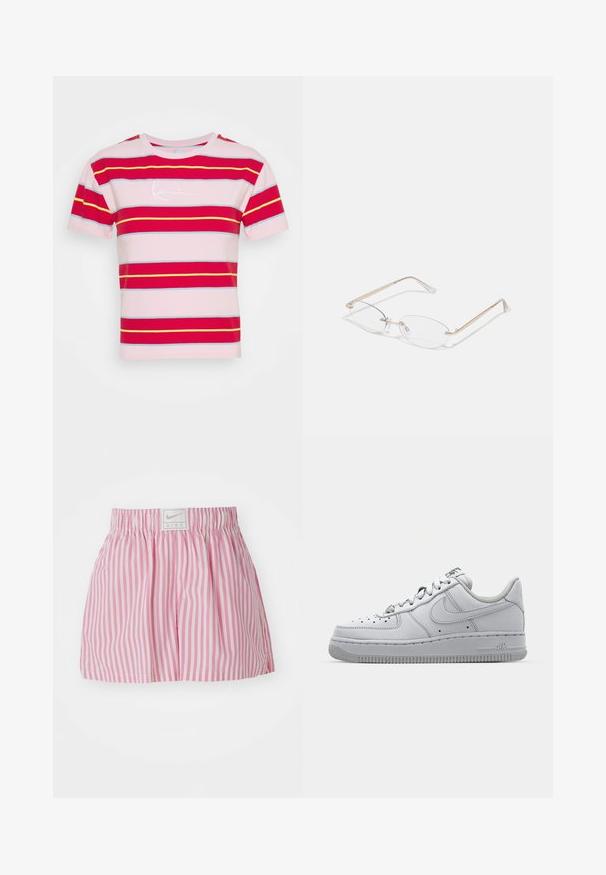 Kortærmet pink T-shirt med horisontale røde, gule og blå striber. Har en hvid signaturlogo på forsiden.; Pink og hvide stribede shorts med elastisk taljebånd og en lille Nike-logo lap på bagsiden. Fremstillet af letvægtsstof.; Hvid lædersneaker med lavt design, rund tå, perforerede detaljer og en tekstureret gummisål. Har grå accenter på tungen.; Guldmetal briller med ovale linser, slanke arme og klare næsepuder. Har subtile hængsel accenter og gennemsigtige linser.