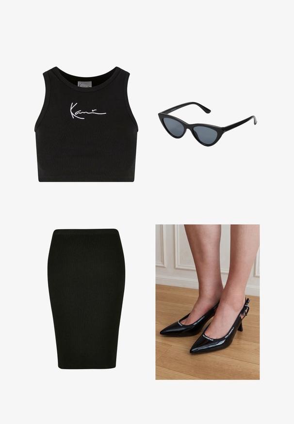 Sort ribbet crop top med en rund halsudskæring og hvidt skriftlogo. Har ærmeløs design og en tætsiddende silhuet.; Sort ribbet blyantskjørt med en tætsiddende pasform. Har en høj talje og tekstiler, der giver en glat silhuet.; Sorte laklæder stiletter med spids tå og KARL LAGERFELD mærket rem, båret på fødder, der står på trægulv.; Sorte katteøje solbriller med mørkegrå linser, slankt plastisk stel, spidse hjørner og lige stænger. Ingen synlig hardware eller dekorationer.