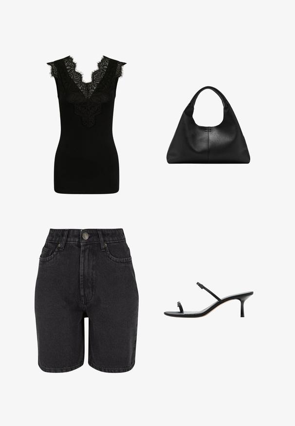 Schwarzes ärmelloses Top mit tiefem V-Ausschnitt mit transparenter floraler Spitzenverzierung und zarten fransigen Kanten.; Schwarze Denim-Shorts mit hoher Taille, Fünf-Taschen-Design und Metallknopfverschluss. Der Stoff hat eine glatte Textur mit dezentem Verblassen.; Schwarze Sandale mit niedrigem Absatz und dünnen Riemen über den Zehen und dem Mittelfuß, mit schlankem kitten-Absatz und offenem Fersenbereich.; Schwarze Handtasche aus strukturiertem Leder mit breitem Boden und dicken, abgerundeten Griffen, ausgestattet mit einer zentralen vertikalen Naht und feinen Steppnähten.
