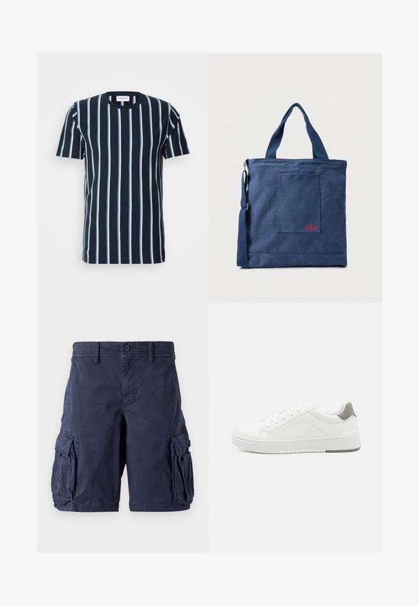 Marineblå stribet t-shirt med lodrette hvide striber, rund halsudskæring, korte ærmer og en afslappet pasform. Glat bomuldsstof.; Mørkeblå cargo shorts lavet af bomuld. Har flere sidelommer, knappelukning og en afslappet pasform. Glat tekstur og holdbart design.; Hvid sneaker lavet af glat læder, rund tå, minimalistisk design, grå hælafsats og tekstureret gummisål.; Blå lærredstote taske med frontlomme og rød "O.N.S" broderi, med to håndtag og en justerbar skulderrem.