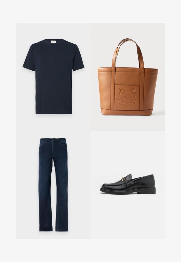 Navyblaue T-Shirt mit kurzen Ärmeln aus weicher Baumwolle. Verfügt über einen Rundhalsausschnitt und ein einfaches, klares Design ohne Muster oder Akzente.; Dunkelblaue Jeans aus Denim mit geradem Schnitt, fünf Taschen, einem Knopfverschluss und kontrastierenden Nähten entlang der Säume.; Schwarze Lederleter mit einer abgerundeten Zehenpartie, ausgestattet mit goldenen Hardwareakzenten und Stichdetails, auf einer niedrigen, strukturierten Gummisohle.; Braune Ledertasche mit eingeprägtem Fuchs-Gesicht, rechteckiger Form, zwei flachen Griffen und dezenten Steppnähten.