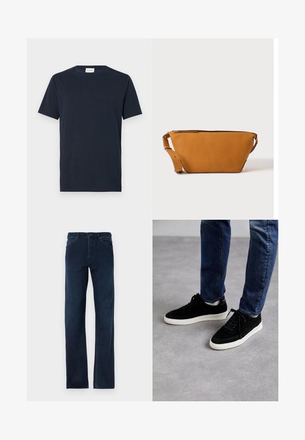 Camiseta de manga corta azul marino hecha de algodón suave. Presenta un escote de barco y un diseño simple y limpio, sin patrones ni acentos.; Jeans de mezclilla azul oscuro con piernas rectas, cinco bolsillos, cierre de botón y costuras en contraste a lo largo de las costuras.; Zapatillas de ante negras con suela de goma blanca, que presentan un diseño clásico de corte bajo, puntera redondeada y cordones planos negros.; Bolso bandolera de cuero marrón claro con correa ajustable y cierre de cremallera, mostrado sobre un fondo claro y liso.