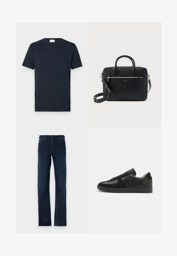 Navyblaue T-Shirt mit kurzen Ärmeln aus weicher Baumwolle. Verfügt über einen Rundhalsausschnitt und ein einfaches, klares Design ohne Muster oder Akzente.; Dunkelblaue Jeans aus Denim mit geradem Schnitt, fünf Taschen, einem Knopfverschluss und kontrastierenden Nähten entlang der Säume.; Tiger of Sweden BELLICU - Sneaker low - black; Schwarze strukturierte rechteckige Lederaktentasche mit Doppelgriffen, vorderer Reißverschlusstasche und verstellbarem Schultergurt, auf weißem Hintergrund dargestellt.