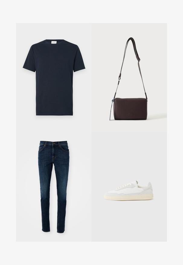 Navy blauwe T-shirt met korte mouwen van zacht katoen. Heeft een rond decolleté en een eenvoudig, strak ontwerp zonder patronen of accenten.; Donkerblauwe denim jeans met een slim fit, gestructureerd ontwerp, vijf-pocketstijl en lichte vervagingdetails langs de benen en naden.; Witte sneaker met een bovenwerk van gestructureerd suède en leer. Voorzien van een afgeronde neus, vetersluiting en een contrasterende beige rubberen zool.; Donkerbruine gestructureerde leren crossbodytas met verstelbare riem en klein decoratief blauw accent aan de zijkant.