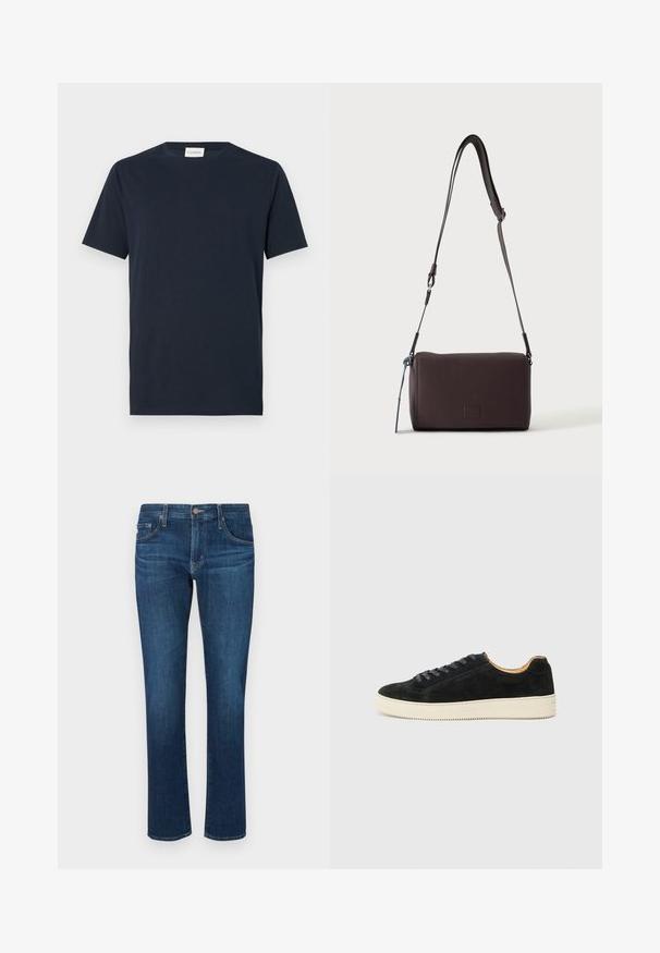 Navyblaue T-Shirt mit kurzen Ärmeln aus weicher Baumwolle. Verfügt über einen Rundhalsausschnitt und ein einfaches, klares Design ohne Muster oder Akzente.; Dunkelblaue Jeans aus Denim mit geradem Bein, klassischem Fünf-Taschen-Stil und einem Knopfverschluss am Bund. Glatte Textur.; Schwarze Wildledersneaker mit niedrigem Design, passenden Schnürsenkeln, cremefarbener strukturiertem Gummisohle und minimalistischer Silhouette.; Dunkelbraune, strukturierte Leder-Crossbody-Tasche mit verstellbarem Riemen und kleinem dekorativen blauen Akzent an der Seite.