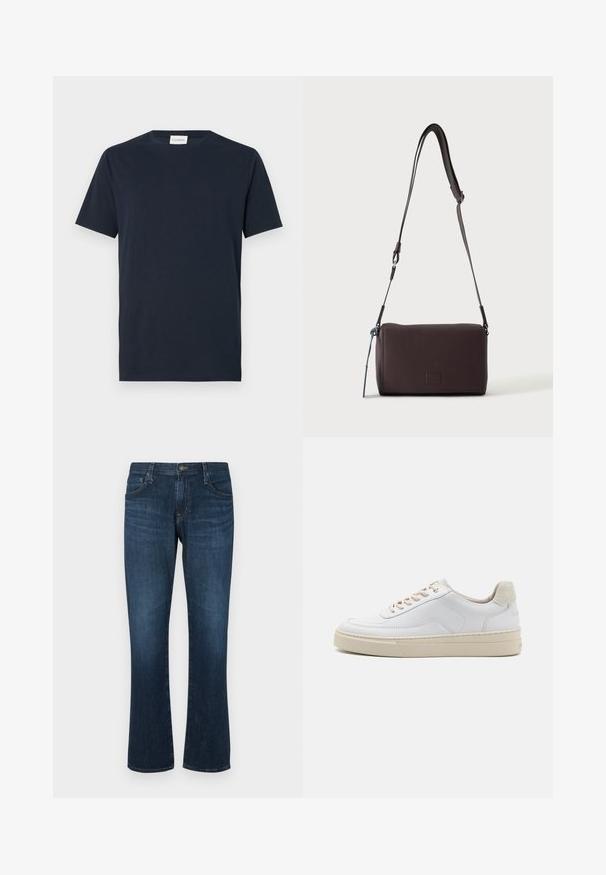 Mørkeblå kortærmet T-shirt lavet af blødt bomuld. Har en rund halsudskæring og et simpelt, rent design uden mønstre eller detaljer.; Mørkeblå denimjeans med lige ben-design, fem lommer og metalknap-lukning. Glat tekstur med subtil falming.; Hvide sneakers med en glat læderoverdel, beige snørebånd og en tekstureret beige ruskindsheel-tab. Hævet sål for ekstra højde.; Mørkebrun textured læder crossbody taske med justerbar rem og lille dekorativ blå accent på siden.