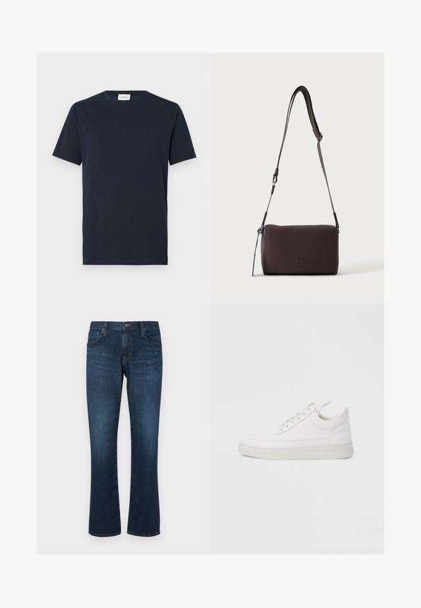 Mørkeblå kortærmet T-shirt lavet af blødt bomuld. Har en rund halsudskæring og et simpelt, rent design uden mønstre eller detaljer.; Mørkeblå denimjeans med lige ben-design, fem lommer og metalknap-lukning. Glat tekstur med subtil falming.; Hvid lædersneaker med rundet tå, flad sål og snørebånd foran. Har syningsdetaljer og polstret krave for komfort.; Mørkebrun textured læder crossbody taske med justerbar rem og lille dekorativ blå accent på siden.