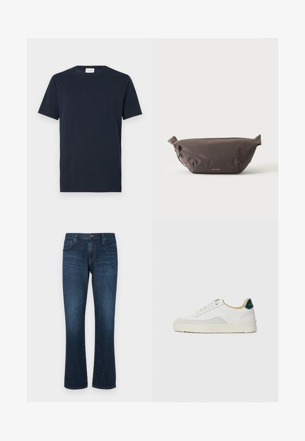 Mørkeblå kortærmet T-shirt lavet af blødt bomuld. Har en rund halsudskæring og et simpelt, rent design uden mønstre eller detaljer.; Mørkeblå denimjeans med lige ben-design, fem lommer og metalknap-lukning. Glat tekstur med subtil falming.; Hvide sneakers med ruskindsdetaljer, rund tå, flade snørebånd og en cremet gummisål. Har grøn branding på hælen.; Mørkebrun stof talje taske med diagonalt lynlåslomme og lille hvidt logo på fronten, sat mod en ensfarvet lys baggrund.