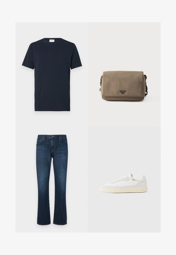 Mørkeblå kortærmet T-shirt lavet af blødt bomuld. Har en rund halsudskæring og et simpelt, rent design uden mønstre eller detaljer.; Mørkeblå denimjeans med lige ben-design, fem lommer og metalknap-lukning. Glat tekstur med subtil falming.; Hvid sneakers med en øvre del i tekstureret ruskind og læder. Har rundet tå, snørelukning og kontrasterende beige gummisål.; Rektangulær taupe crossbody-taske med klaplukning og lille metal logoemblem centreret på forsiden mod en hvid baggrund.