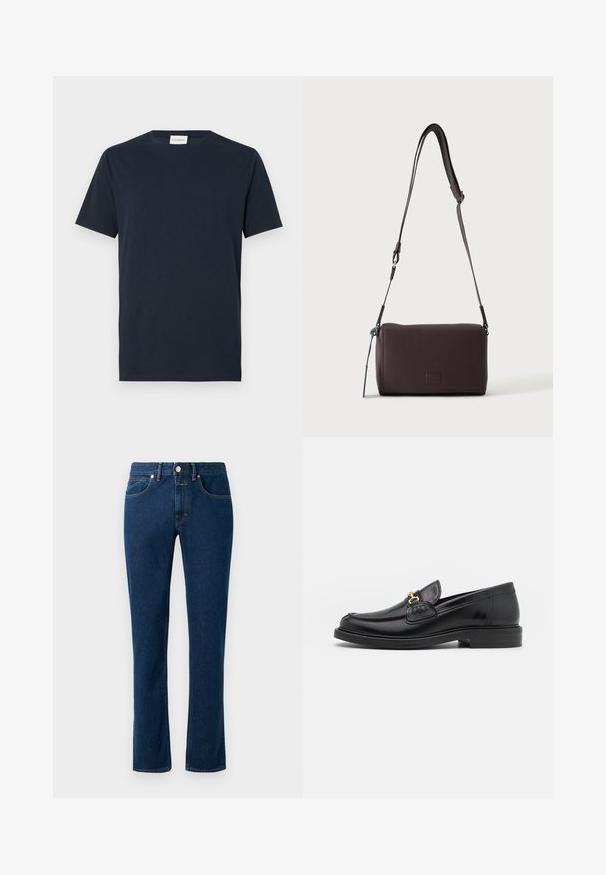 Navyblaue T-Shirt mit kurzen Ärmeln aus weicher Baumwolle. Verfügt über einen Rundhalsausschnitt und ein einfaches, klares Design ohne Muster oder Akzente.; Dunkelblaue Denim-Jeans mit einem schlanken, geraden Bein, klassischem Fünf-Taschen-Design und einem Knopfverschluss am Bund.; Schwarze Lederleter mit einer abgerundeten Zehenpartie, ausgestattet mit goldenen Hardwareakzenten und Stichdetails, auf einer niedrigen, strukturierten Gummisohle.; Dunkelbraune, strukturierte Leder-Crossbody-Tasche mit verstellbarem Riemen und kleinem dekorativen blauen Akzent an der Seite.
