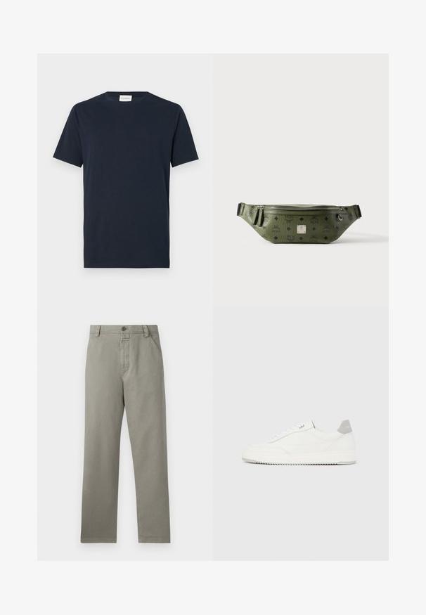 Navyblaue T-Shirt mit kurzen Ärmeln aus weicher Baumwolle. Verfügt über einen Rundhalsausschnitt und ein einfaches, klares Design ohne Muster oder Akzente.; Hellegraue Baumwollhose mit geradem Bein, Gürtelschlaufen und einer einzelnen Knopfverschluss am Bund.; Weißer Sneaker mit niedrigem Schaft, grauem Fersenlaschen, weißen Schnürsenkeln und einer strukturierten Sohle, dargestellt vor einem schlichten hellen Hintergrund.; Olivgrüne, strukturierte Leder-Gürteltasche mit schwarzen Logos, silbernem Reißverschluss, doppeltem Reißverschluss-Zipper und zentraler silberner Markenplakette.