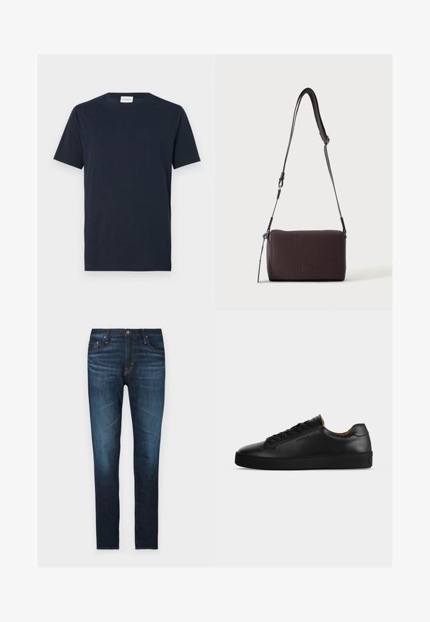 Navyblaue T-Shirt mit kurzen Ärmeln aus weicher Baumwolle. Verfügt über einen Rundhalsausschnitt und ein einfaches, klares Design ohne Muster oder Akzente.; Dunkelblaue Jeans aus Denim mit geradem Schnitt, fünf Taschen, orangefarbigen Nähten und einer glatten Textur.; Schwarzer flacher Ledersneaker mit schwarzen Schnürsenkeln, strukturierter Gummisohle und kleinem eingeprägtem Logo an der Seite, im Profil vor grauem Hintergrund gezeigt.; Dunkelbraune, strukturierte Leder-Crossbody-Tasche mit verstellbarem Riemen und kleinem dekorativen blauen Akzent an der Seite.