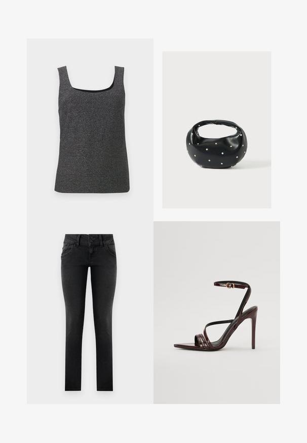 Sort tank top med scoop neck, lavet af tekstureret, glitrende stof. Det har en tætsiddende silhuet og brede skulderstropper.; Sorte denim skinny jeans med en to-knaps talje, frontlommer og en glat, tekstureret overflade. Standard snit, hel længde design.; Bordeaux laker læder højhælede sandal med ankelrem, spids tå og tre vandrette remme over foden. Detalje med spænde i guldtonet.; Sort læderhåndtaske med en rundet form, dekoreret med sølvnitter, og et kort håndtag. Glat tekstur og lynlåslukning.