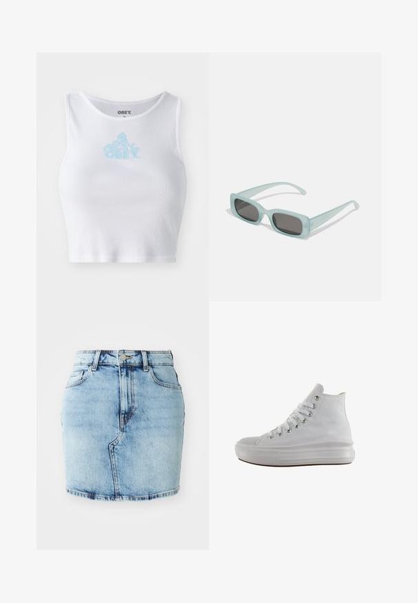 Hvid ribbet crop top med rund halsudskæring og et lyseblåt "OBEY" logo centreret på brystet. Glat tekstur og tætsiddende design.; Lys blå denimnederdel med en tætsiddende facon, fem lommer, knap- og lynlås lukning samt stikninger langs kanten.; Hvid højt canvas sneaksko med hvide snørebånd, metaløjer, tyk gummisål og tekstureret tåhætte, vendt mod venstre på en hvid baggrund.; Et par rektangulære solbriller med lyseblå gennemsigtige stel og mørkegrå linser, der har lige templer og minimale hardware detaljer.