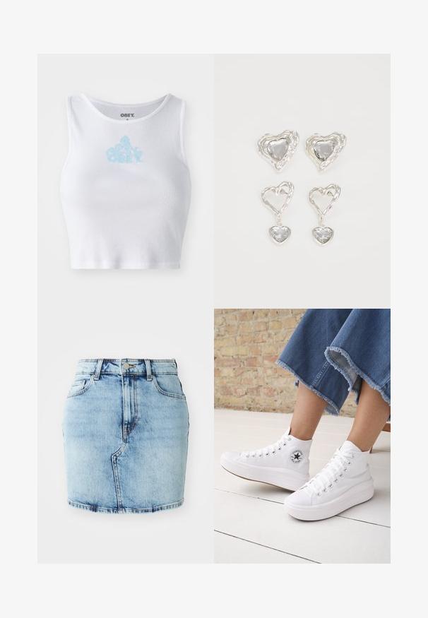 Witte geribbelde crop top met een ronde halslijn en een lichtblauwe "OBEY" logo in het midden van de borst. Soepele textuur en aansluitend ontwerp.; Lichtblauwe denimrok met een aansluitende pasvorm, vijf zakken, een knoop- en ritssluiting en gestikte details langs de zoom.; Persoon draagt witte hoge Converse-sneakers met dikke zolen en korte jeans met rafelige zoom tegen een bakstenen muur en witte vloer.; Zilveren hartvormige oorbellen hebben facetteerbare heldere stenen en een textuurframe. De set bevat stud- en hangende stijlen.