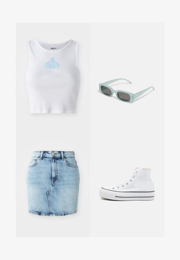 Biely rebrovaný crop top s okrúhlym výstrihom a svetlomodrým logom "OBEY" umiestneným na hrudi. Hladká textúra a priliehavý strih.; Svetlomodrá džínová sukňa so priliehavým strihom, piatimi vreckami, zapínaním na gombík a zips, a so šitými detailmi pozdĺž spodného okraja.; Biele vysoké tenisky z plátnovej látky, čierna gumová podrážka a kontrastný čierny pruh na strednej podrážke. Okrúhla špička a zaväzovací dizajn.; Párik obdĺžnikových slnečných okuliarov s svetlomodrými priehľadnými rámami a tmavosivými sklami, s rovnými stranami a minimálnymi hardvérovými detailmi.