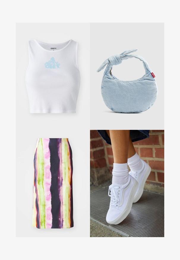 Hvid ribbet crop top med rund halsudskæring og et lyseblåt "OBEY" logo centreret på brystet. Glat tekstur og tætsiddende design.; Farverig mellemlang nederdel med lodrette striber i pink, grøn, gul og lilla. Fremstillet af et glat stof med en let glans.; Hvide lærreds sneakers med gummisåler, der har seks snørehuller, rund tå og let sømdetaljer, krydret med hvide ankelstrømper.; Lyseblå denim skuldertaske med knudedetalje på håndtaget og en lille rød Levi's-mærkat på siden.
