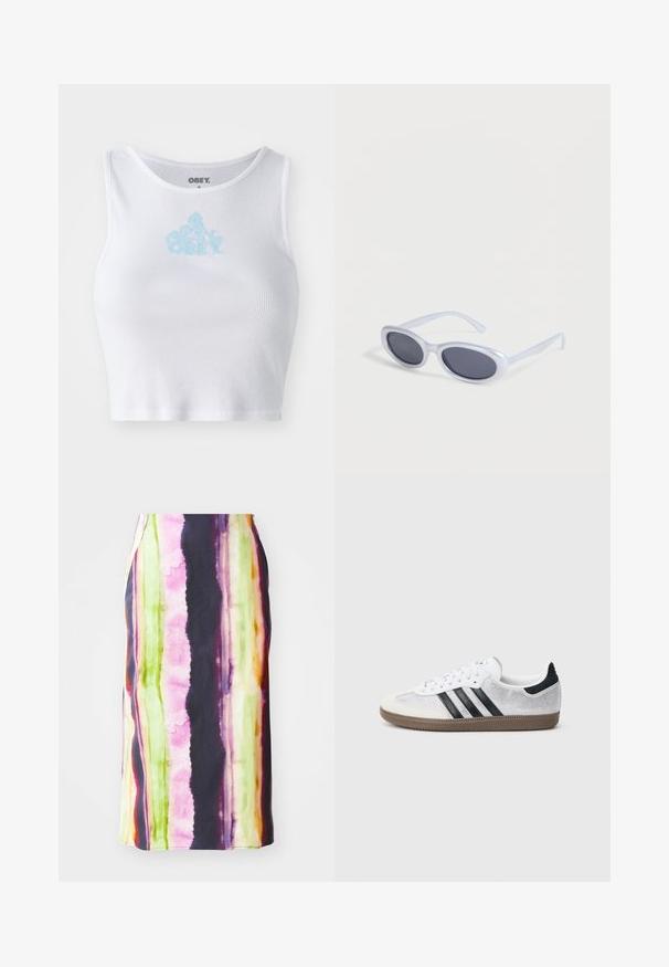Weißes, geripptes Crop-Top mit Rundhalsausschnitt und einem hellblauen "OBEY"-Logo, das zentral auf der Brust platziert ist. Glatte Textur und taillierte Passform.; Bunte Midilänge-Rock mit vertikalen Streifen in Pink, Grün, Gelb und Lila. Hergestellt aus einem glatten Stoff mit leichtem Glanz.; Weißer Mesh-Sneaker mit schwarzen Streifen, beiger Wildleder-Kappe an der Spitze und am Absatz, strukturierter Gummisohle und weißen Schnürsenkeln. Klassisches Low-Top-Design.; Ovale Sonnenbrille mit weißem Rahmen und dunkel getönten Gläsern, die auf einer weißen Oberfläche liegen.