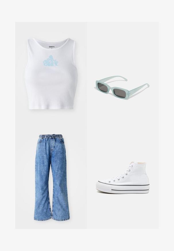 Biely rebrovaný crop top s okrúhlym výstrihom a svetlomodrým logom "OBEY" umiestneným na hrudi. Hladká textúra a priliehavý strih.; Svetlomodré deninové nohavice s širokými nohavicami, elastickým pásom a sťahovacou šnúrkou. Majú dvojitý steh a surový lem. Žiadne viditeľné vrecká.; Biele vysoké tenisky z plátnovej látky, čierna gumová podrážka a kontrastný čierny pruh na strednej podrážke. Okrúhla špička a zaväzovací dizajn.; Párik obdĺžnikových slnečných okuliarov s svetlomodrými priehľadnými rámami a tmavosivými sklami, s rovnými stranami a minimálnymi hardvérovými detailmi.
