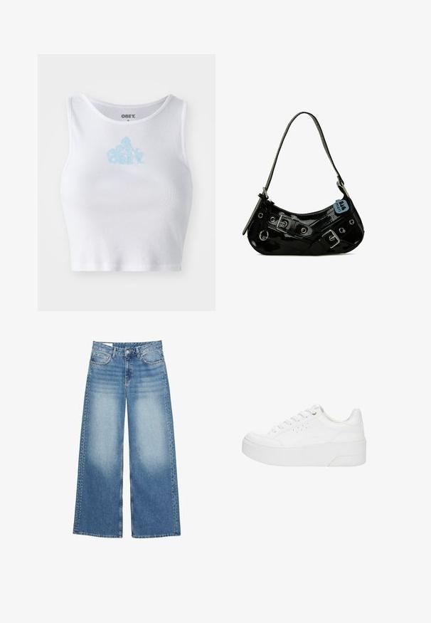 Biely rebrovaný crop top s okrúhlym výstrihom a svetlomodrým logom "OBEY" umiestneným na hrudi. Hladká textúra a priliehavý strih.; Svetlo modré široké džínsy vyrobené z denimu. Obsahujú vysoký pás, predné vrecká a dekoračné nitovanie pozdĺž vonkajších švov.; Biela platformová teniska so šnurovaním vpredu, perforovanými detailmi na boku a hrubou podrážkou, zobrazená z vonkajšej strany na bielom pozadí.; Čierna lakovaná kožená taška s zakriveným tvarom, s striebornými kovaniami, dekoratívnymi prackami a krátkym popruhom. Pripojená modrá visačka.