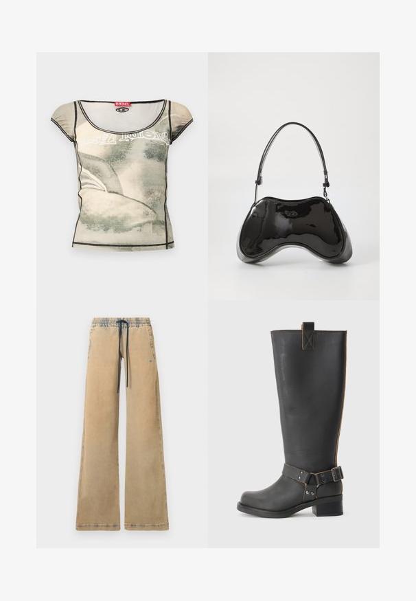 Dames strakke top met korte mouwen, voorzien van een abstracte beige en grijze print, zwarte bies en een rood Diesel-merklabel bij de halslijn.; Beige wijde broekspijpen met een elastische tailleband, blauwe trekkoord en zijzakken. Kenmerkt zich door contrasterende stiksels en een licht vervaagde textuur.; Zwarte leren knie- hoog laars met een gestructureerde afwerking, voorzien van een zijgesp accent en een lage hak. Gedetailleerde stiksels langs de naden.; Zwarte gepatenteerde leren handtas met een unieke gebogen vorm, korte verstelbare handgreep en een ritsopening. Glad uiterlijk met subtiele branding.
