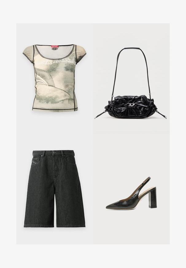 Top ajustado de manga corta para mujer con estampado abstracto en beige y gris, ribete negro y etiqueta de la marca Diesel en rojo en el escote.; Pantalones cortos de mezclilla negros con un corte holgado, que cuentan con un cierre frontal de botón y cremallera, lazos para el cinturón y dos bolsillos delanteros. Tejido texturizado con detalles de costura.; Zapato slingback de piel negra con puntera puntiaguda, tacón alto y ancho, y forro interior beige sobre un fondo claro y liso.; Bolso de mano de cuero negro con diseño fruncido y detalle de lazo en la parte frontal. Cuenta con un asa corta y detalles metálicos en color plata.