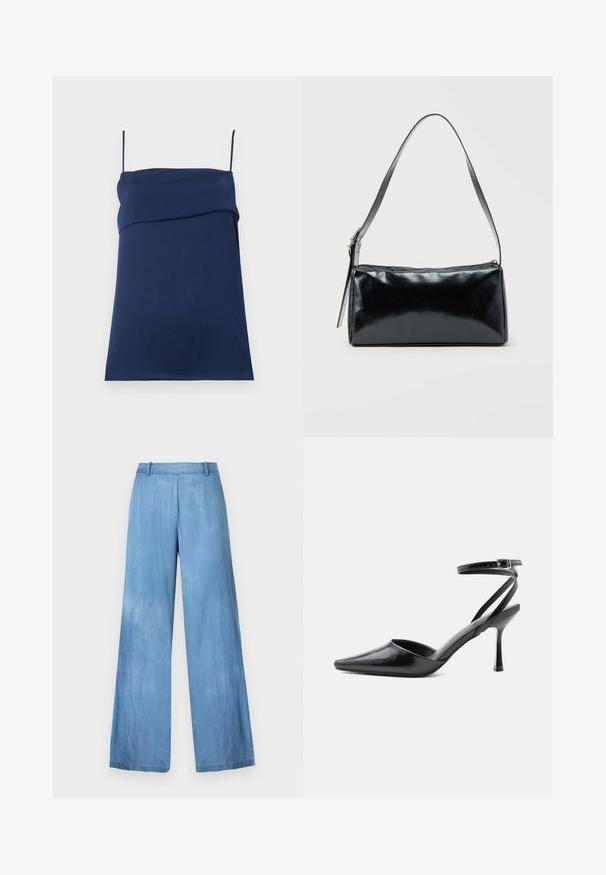 Navyblauwe mouwloze jurk met dunne schouderbandjes en geplooide details over de borst, plat gelegd op een lichte achtergrond.; Lichtblauwe wijde broek van denim, met een hoge taille, subtiele vervaging en een schone zoom zonder versieringen of zakken.; Zwarte pumps met puntige neus, dunne enkelbandjes en een zilveren gesp op een effen lichte achtergrond.; Zwarte rechthoekige schoudertas met een enkele verstelbare band en een bovenste ritssluiting op een effen achtergrond.