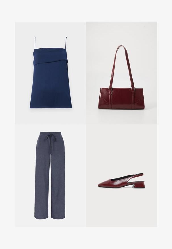 Robe bleu marine sans manches avec fines bretelles et détail plissé sur la poitrine, étalée à plat sur un fond clair.; Pantalon bleu marine à jambes larges avec ceinture élastique et cordon à l'avant, en tissu doux et texturé.; Chaussure slingback en cuir marron avec bout pointu et petit talon carré, vue de profil sur fond clair uni.; Sac à main bordeaux en matériau brillant, de forme rectangulaire, avec deux anses et des accents légèrement courbés à l'avant.