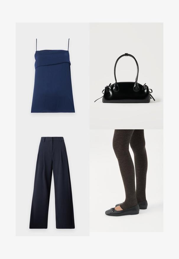 Robe bleu marine sans manches avec fines bretelles et détail plissé sur la poitrine, étalée à plat sur un fond clair.; Pantalons larges navy avec une texture lisse, présentant des plis avant et une taille classique, conçu pour un ajustement décontracté.; Jambes portant des leggings côtelés foncés associés à des ballerines noires avec de petits détails en nœud sur fond blanc.; Petit sac à main noir brillant avec deux longues anses et des détails à cordon sur les côtés sur un fond clair uni.