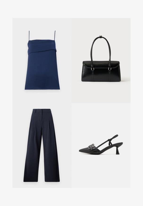 Robe bleu marine sans manches avec fines bretelles et détail plissé sur la poitrine, étalée à plat sur un fond clair.; Pantalons larges navy avec une texture lisse, présentant des plis avant et une taille classique, conçu pour un ajustement décontracté.; Simmi London DALA - Escarpins - black; Sac à main rectangulaire en cuir noir avec fermeture à rabat et deux longues anses sur fond blanc uni.
