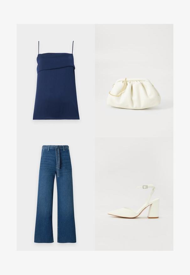 Tmavomodré šaty bez rukávov s tenkými ramienkami a sklopeným detailom cez prsia, položené na svetlom pozadí.; TOM TAILOR DENIM TTMIJA CULOTTE FIT - Zvonové džínsy - used mid stone blue denim; Biele sandále na ihlovom podpätku s špicatou špičkou, nastaviteľným remienkom okolo členku a masívnym štvorcovým podpätkom. Hladká textúra s minimom švíkov.; Biela kožená kabelka so zahnutej konštrukciou, so zlatým reťazovým popruhom a zaobleným tvarom. Hladká textúra s jemnými záhybmi a bez vzorov.