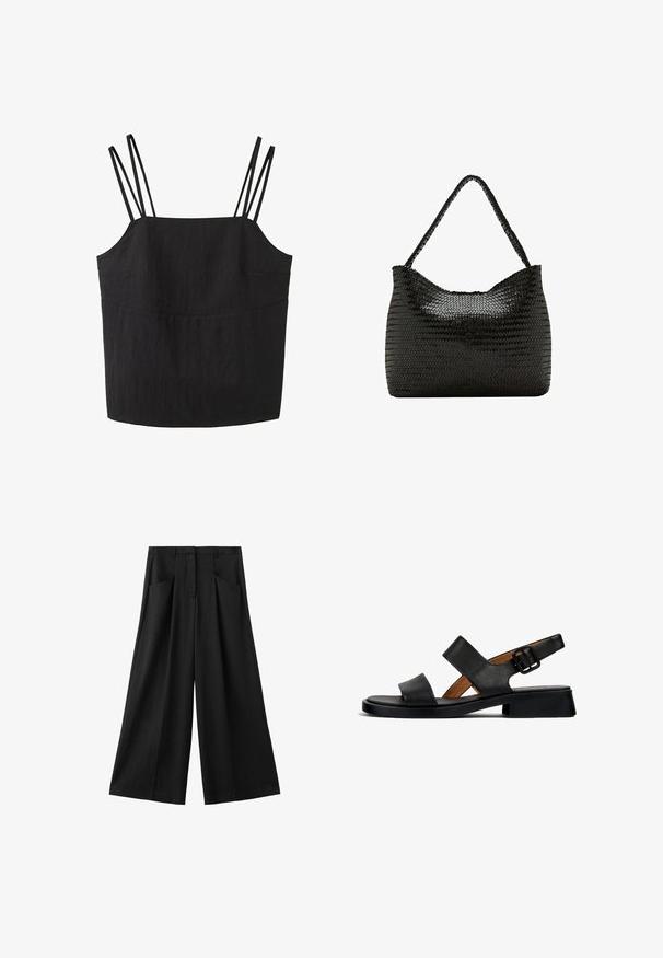 Čierny top bez rukávov s dvojitými tenkými ramienkami na každom ramene a rovný výstrih.; Čierne široké nohavice s prednými vreckami, pútkami na opasok a s vysokým pásom, zobrazené na bielom pozadí.; Čierne kožené sandále s dvoma horizontálnymi popruhmi a prackou na členok. Plochá, textúrovaná podrážka s miernym podpätkom a hladkým povrchom.; Čierna tkaná kožená taška na rameno s jedným zapleteným uchom a mäkkým, zaobleným obdĺžnikovým tvarom.