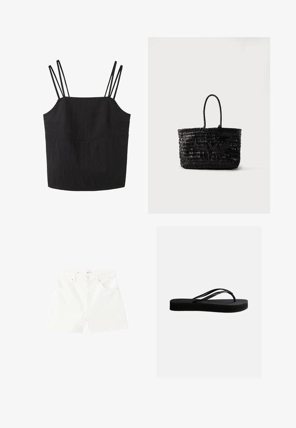 Zwarte mouwloze top met dubbele dunne bandjes op elke schouder en een rechte halslijn.; Witte denim shorts met een klassieke pasvorm, voorzien van voorzakken, een knoopsluiting en stikdetails over de hele stof.; Zwarte rubberen teenslipper met gestructureerd zool en Y-vormige band, zijaanzicht op een effen lichte achtergrond.; Zwarte gevlochten leren tas met twee afgeronde handvatten, rechtopstaand tegen een eenvoudige witte achtergrond.