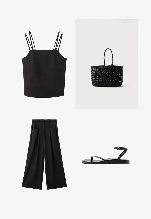 Top noir sans manches avec deux fines bretelles sur chaque épaule et un décolleté droit.; Pantalon noir à jambes larges avec poches avant, passants pour ceinture, et une fermeture avant dissimulée, présenté sur un fond blanc.; Sandale plate noire avec fines lanières, boucle pour l’orteil et bride de cheville avec une petite boucle ronde, vue de profil.; Sac fourre-tout en cuir tressé noir avec deux poignées arrondies, debout sur un fond blanc uni.