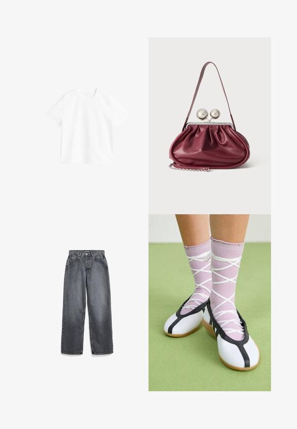 Effen wit T-shirt met korte mouwen en ronde hals, weergegeven op een witte achtergrond, met een vooraanzicht en minimale stikdetails.; Donkergrijze rechte jeans met voorzakken, riemlussen, knoop en ritssluiting.; Benen met geribbelde lavendelkleurige sokken met witte kruisbanden, gecombineerd met witte ballerina's met zwarte bies op een groene vloer.; Kleine bordeaux leren handtas met geplooide details, een dunne band en een zilveren sluiting met twee grote ronde knoppen.