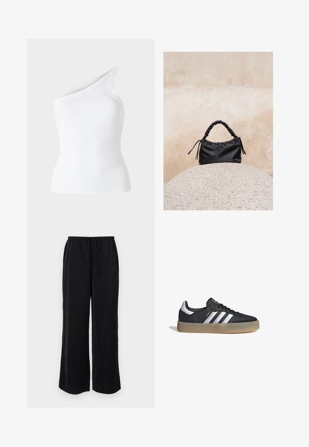 Top sin mangas de canalé blanco con un diseño asimétrico de un solo hombro. Textura suave, silueta ajustada y bordes limpios.; Pantalones anchos negros con cintura elástica y bolsillos laterales. Fabricados en un tejido ligero con una textura suave. Sin patrones visibles.; Zapatilla deportiva de cuero negro con tres rayas plateadas, punta texturizada y suela de goma. Cuenta con un collar acolchado y un diseño con cordones.; Bolso negro fruncido con asa recogida, apoyado sobre una esfera de piedra texturizada frente a una pared de hormigón beige.
