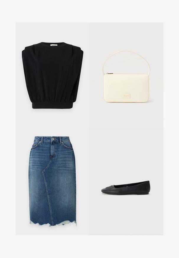 Haut noir sans manches avec épaules rembourrées et ourlet élastique, présenté à plat sur un fond blanc.; Jupe crayon en jean bleu avec couture asymétrique à l'avant, ourlet effiloché, passants de ceinture et poches avant.; Ballerine en cuir noir avec une texture lisse, bout arrondi et décoration subtile à l'avant. Talon plat et bas.; Sac à main rectangulaire de couleur crème avec une seule sangle et une fermeture éclair sur le dessus, comportant une petite plaque de logo embossé à l'avant.