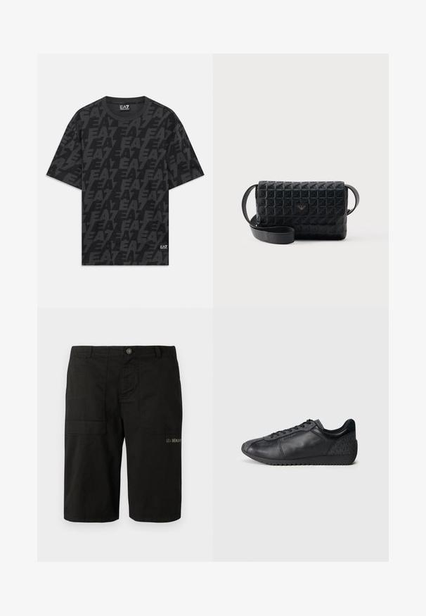 Zwarte kortemouw polo met ronde hals, versierd met herhalende donkergrijze "EA7" logo's en een klein EA7 Emporio Armani label aan de zoom.; Zwarte cargoshorts van katoen, met knoopsluiting, twee zijzakken en subtiele borduursels van "LES BENJAMINS" aan de voorkant.; Zwarte leren sneakers met een textuurstofpaneel, ronde neusvorm, vetersluiting aan de voorkant en een rubberen zool met een zigzagpatroon.; Zwarte crossbodytas met een gestructureerd oppervlak, een klepsluiting en een klein metalen logo aan de voorkant, afgebeeld tegen een effen achtergrond.