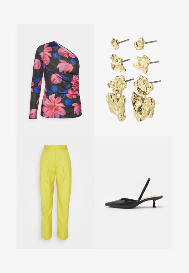 Anna Field Langarmshirt - black/pink; Samsøe Samsøe LUZY TROUSERS - Stoffhose - celery; Schwarzer Slingback-Pumps mit spitzem Zehenbereich, schicker matter Oberfläche, niedrigem, kantigem Absatz und minimalistischer Gestaltung. Verfügt über einen dünnen Knöchelriemen.; Goldfarbene Ohrringe mit abstrakten organischen Formen und einer strukturierten Oberfläche. Enthält zwei Paar Stecker und ein hängendes Design. Silberne Stecker.