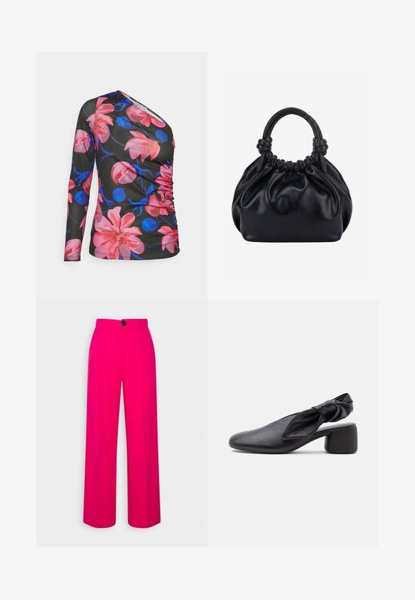Anna Field by Zalando T-shirt à manches longues - black/pink; Pantalons larges fuchsia à taille haute, avec des plis sur le devant et une fermeture à un bouton noir. Texture lisse et design ajusté.; Chaussure slingback en cuir noir avec bout arrondi, détail de bride nouée et petit talon carré sur fond blanc.; Sac à main en cuir noir souple avec le dessus froncé et deux grosses poignées nouées sur un fond uni clair.