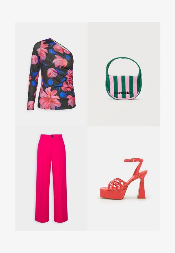 Anna Field Langærmet T-shirt - black/pink; Fuchsia brede bukser med høj talje, frontfald og en enkelt sort knaplukning. Glat tekstur og skræddersyet design.; Jeffrey Campbell MODEST - Højhælede sandaletter / Højhælede sandaler - coral; Lille håndtaske med lodrette pink og grønne striber, buet håndtag og sort "marimekko" tekst på forsiden.