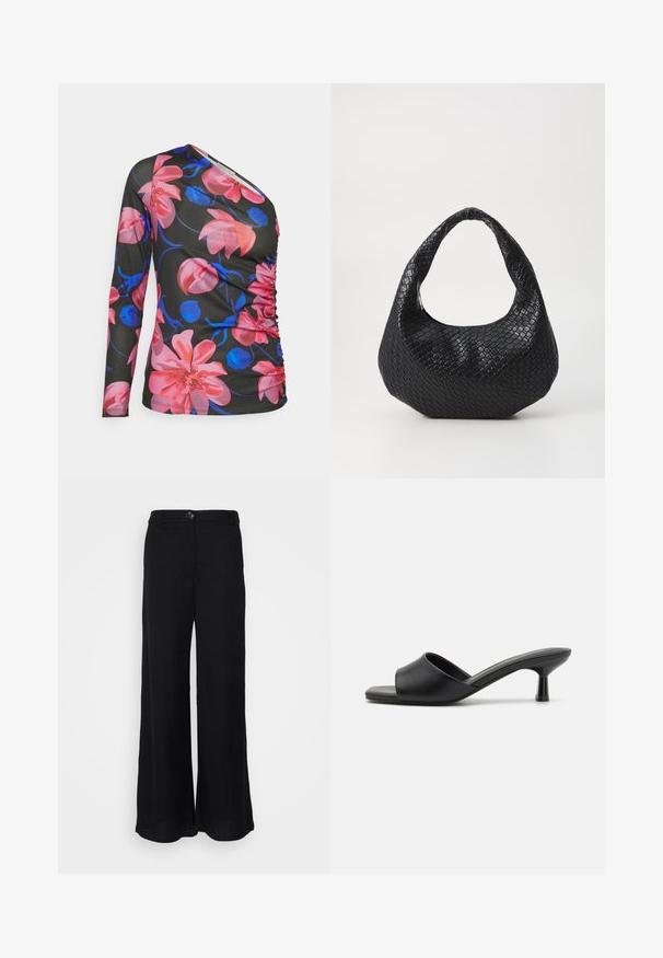 Anna Field Camiseta de manga larga - black/pink; Pantalones de pierna ancha negros hechos de una tela ligera, con una textura suave, cierre de botón en la parte delantera y bolsillos laterales.; Sandalias de deslizamiento negras con parte superior de cuero suave, punta abierta y un tacón bajo y brillante. Diseño minimalista con una forma curvada y un acabado elegante.; Bolso de mano tejido en negro con un asa curvada, que presenta una superficie texturizada y una forma holgada. Acabado suave con una silueta orgánica.
