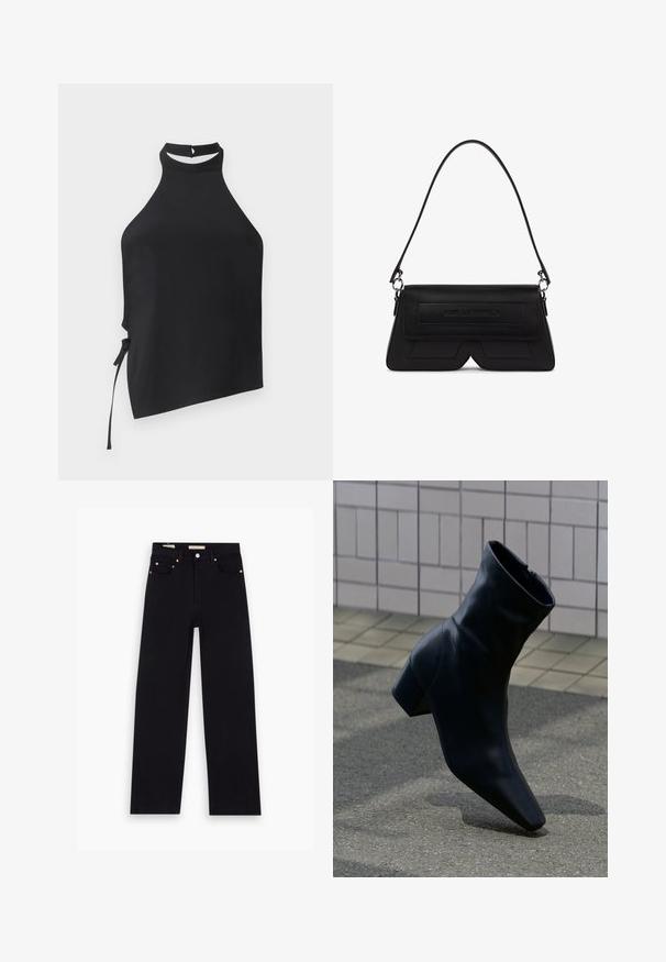 Schwarzes ärmelloses Neckholder-Top mit hohem Kragen und seitlichem Bindeband, asymmetrischem Saum, auf einfarbigem Hintergrund gezeigt.; Schwarze Denim-Jeans mit geradem Schnitt, fünf Taschen, Kupferbeschlägen und einer glatten Textur. Zwei Etiketten sind am Bund sichtbar.; Schwarzer Leder-Stiefelette mit Blockabsatz, stehend auf einer strukturierten Asphaltoberfläche nahe einer gefliesten Wand.; Schwarze, trapezförmige Schultertasche mit Klappe, geprägt Logo auf der Vorderseite und einem einzelnen dünnen Riemen, der mit silbernen Ringen befestigt ist.