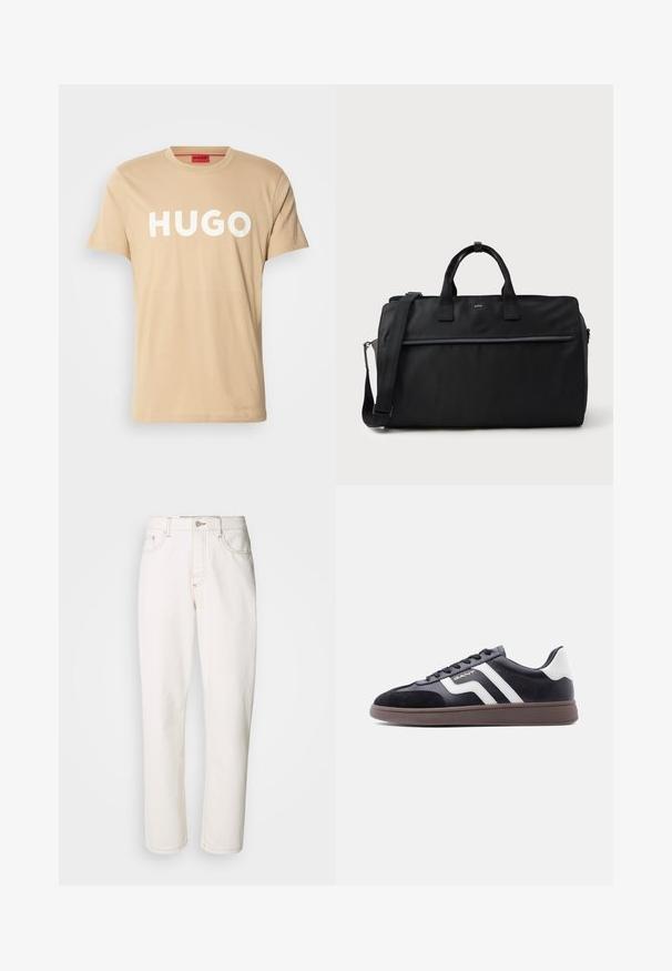 T-shirt en coton beige avec un col rond, des manches courtes et un logo blanc "HUGO" bien en vue à l'avant. Texture lisse, design décontracté.; Jean en denim blanc avec une coupe droite, présentant des coutures piquées, un bouton en métal et une construction classique à cinq poches.; Baskets noires en suède et matériau synthétique, avec des bandes diagonales blanches et une semelle brun texturée. Elles présentent un design à lacets et un col rembourré.; Sac de voyage rectangulaire noir avec doubles poignées, bandoulière réglable, poche zippée à l'avant et petit logo "BOSS" à l'avant.