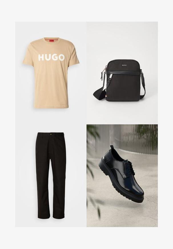 T-shirt en coton beige avec un col rond, des manches courtes et un logo blanc "HUGO" bien en vue à l'avant. Texture lisse, design décontracté.; Pantalon en coton noir avec une coupe droite, des passants de ceinture, une fermeture éclair à l'avant et un seul bouton. Texture lisse sans motifs visibles.; Chaussure en cuir noir avec une finition brillante, bout rond, design à lacets, surpiqûres contrastantes, et semelle épaisse en caoutchouc avec motifs de relief.; Sac bandoulière noir en tissu texturé, avec un logo sur le devant, fermeture éclair et une bandoulière réglable. Finitions en cuir lisse.