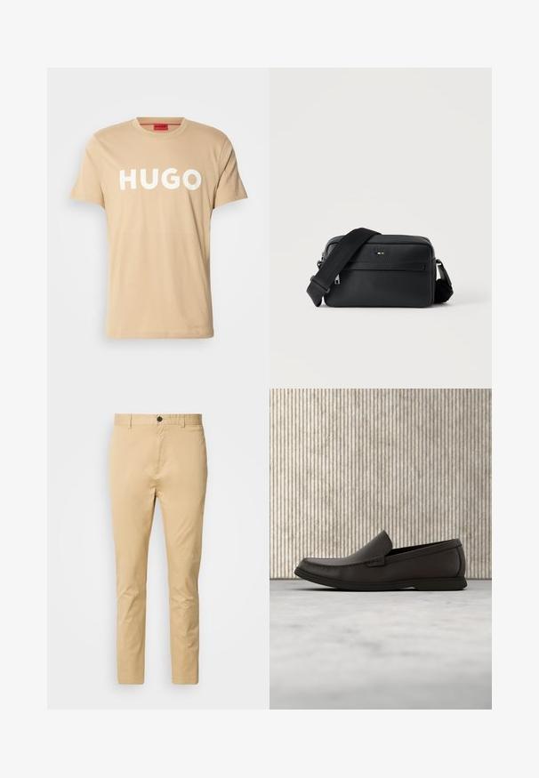 Béžové bavlnené tričko s okrúhlym výstrihom, krátkymi rukávmi a výrazným bielym logom "HUGO" na prednej strane. Hladká textúra, ležérny dizajn.; Béžové chinos nohavice z bavlny s hladkou textúrou. Majú zapínanie na gombík, pútka na opasok a zužujú sa smerom k členkom.; Tmavohnedé kožené mokasíny s okrúhlou špičkou, jemným prešívaním a nízkou gumovou podrážkou. Hladká textúra s flexibilným strihom.; Čierna kožená crossbody taška s textúrou, predným vreckom na zips a nastaviteľným širokým látkovým ramenným popruhom na bielom pozadí.