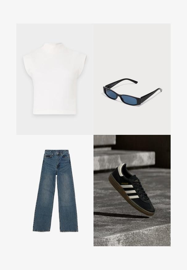 Top corto blanco con un alto cuello tipo mock y mangas anchas y angulares. Está hecho de una tela suave, sin patrones ni adornos visibles.; Jeans de mezclilla azul de pierna ancha con cintura alta, cinco bolsillos y costuras en contraste. Desvanecimientos y ligerasImperfecciones visibles en la tela.; Zapatilla negra de Adidas con rayas blancas y suela de goma flotando sobre escalones de concreto gris a la luz natural.; Gafas de sol negras con una elegante montura rectangular y lentes azules. Presentan una textura suave y varillas resistentes. Logo de la marca en el costado.