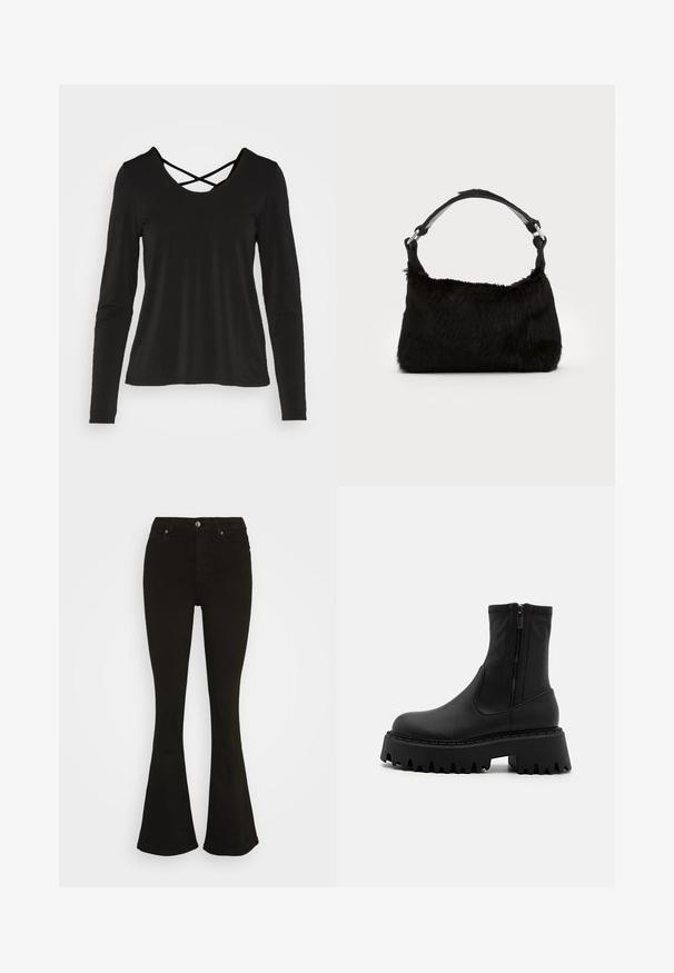 ONLY ONLREBA CROSS BACK - Top s dlhým rukávom - black; Gina Tricot HIGHWAIST - Zvonové džínsy - black; Čierne členkové čižmy vyrobené z matného syntetického materiálu, s bočným zipsom, masívnou platformou s jemne zúbkovanými okrajmi a zosilnenými švami.; Čierna kabelka z umelého kožušiny s jemnou textúrou, zaobleným tvarom a pevným čiernym koženým ramenným popruhom. Viditeľné akcenty zo strieborného kovu.